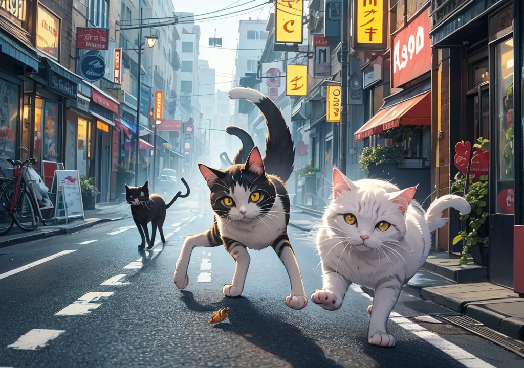 A fish in the moth of a cat and cat running on the road, cat should run on 4 legs, fish in cat's mouth, fish in cat mouth, on the road, put the fish in cat mouth must