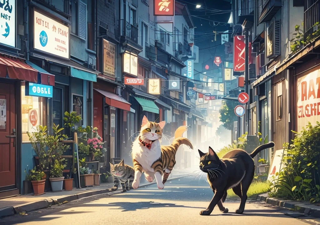 A fish in the moth of a cat and cat running on the road, cat should run on 4 legs, fish in cat's mouth, fish in cat mouth, on the road, put the fish in cat mouth must