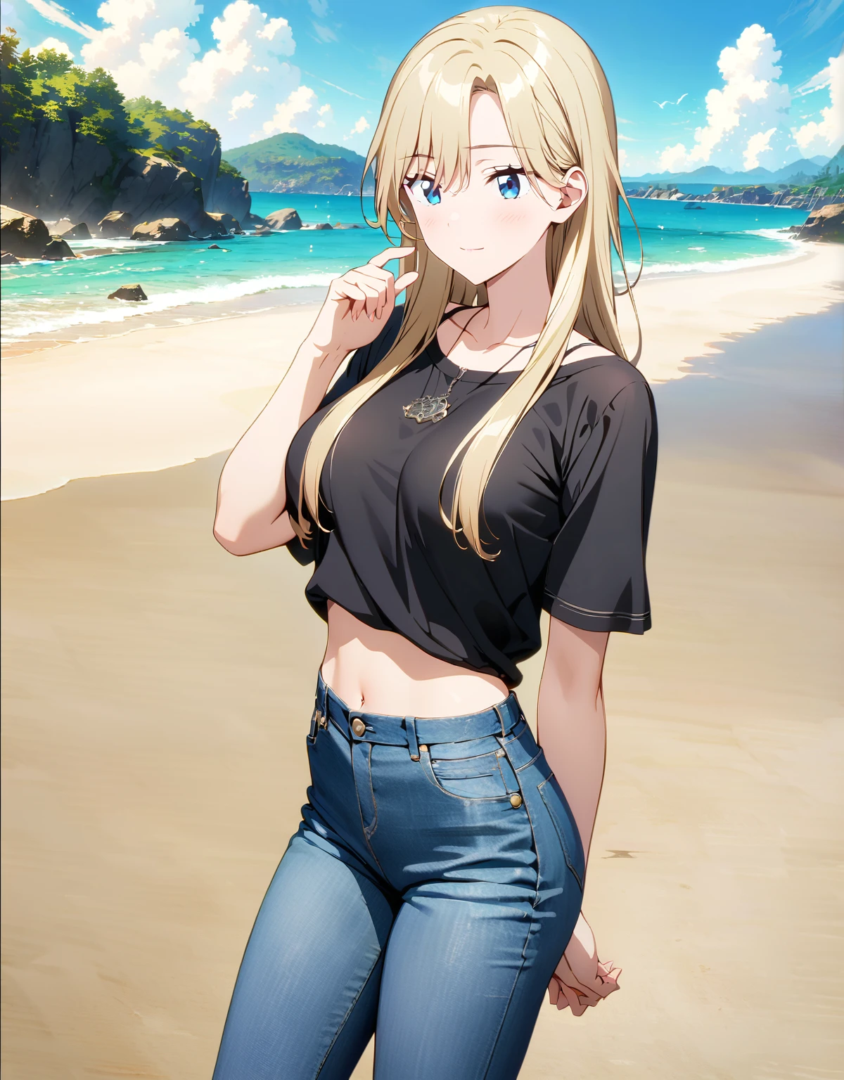 (超detailedなイラスト:1.2),Very delicate and beautiful,非常にdetailed,CG,Unity,8k wallpaper,wonderful,detailed,masterpiece,The best quality in the best condition,Official Art,非常にdetailed CG 8k Unbelievably ridiculous resolution,Beautiful and exquisite,High resolution,非常にdetailedな目と顔,Long blonde hair posing on the beach,Black T-shirt,jeans,Anime Girls,