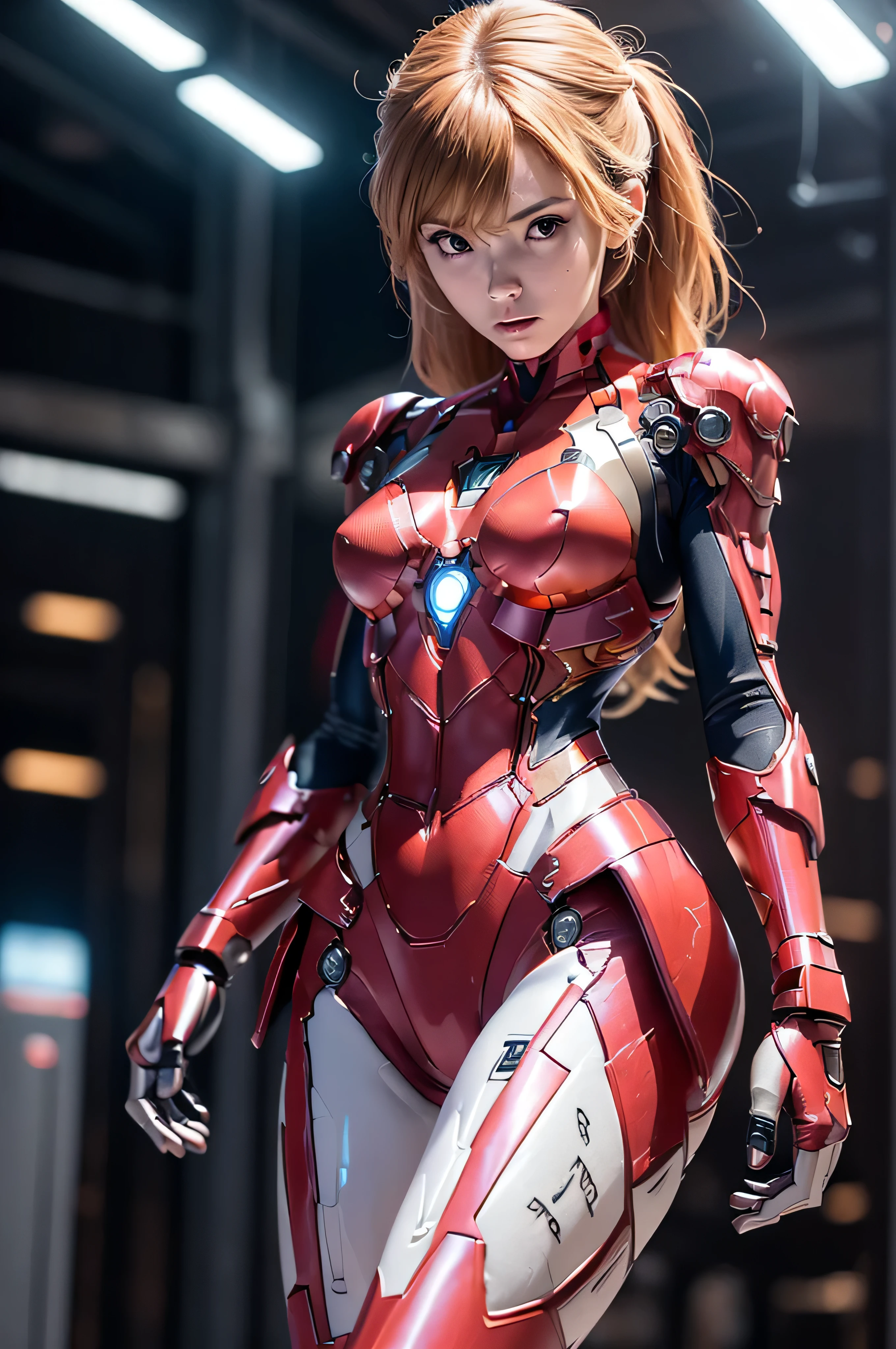 ((masterpiece, 8K, 3D, Realistic, Super Detail)), (1girl:1.3), slender age, Ultra Micro photography, Karen Gillan Super realistic, Perfect face, 16K resolution, 4k resolution, The photo was taken from the Front, facing to the photographer, Foreground photo, dynamic lighting, posing on a pedestal, high-definition resolution, Beautiful features, ((Perfect female Model Slim body)) Beautiful features, Standing pose, ((small hip)), (((2 piece Hotpants-Bikini))), Sci-fi futuristic, ((Iron man armor)) ((bionic Fragmented Super Girl chest armor suit)), ((Exposed slim thighs)), wear mesh metal-stockings, ((slim thighs)), ((bionic Slim thighs Spider man armor)), Front Full body Shot, full body portrait, perfect legs, Iron Man shoes, futuristic city background