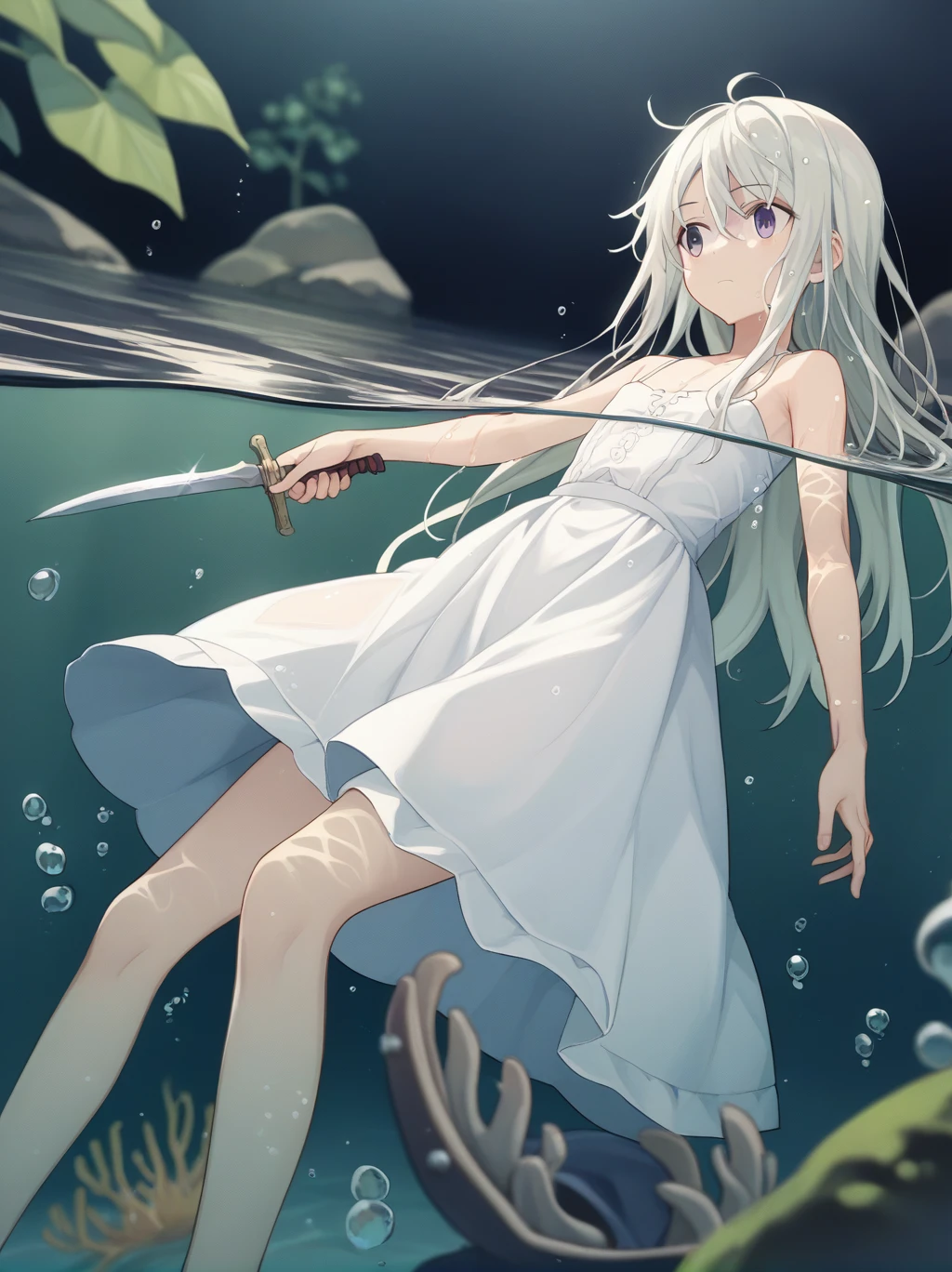  partially underwater, 
One Girl, Long Hair, Wet Hair,
White Dress, Swamp,
Dark Background, Blurred Edges,8--old、enturer、Flat Chest、Pitch-dark underground labyrinth、No light、skirt、Equipped with a dagger and a shield、Above the neck above the water、Body in water, Underwater Photography、浮力でskirtがめくれる