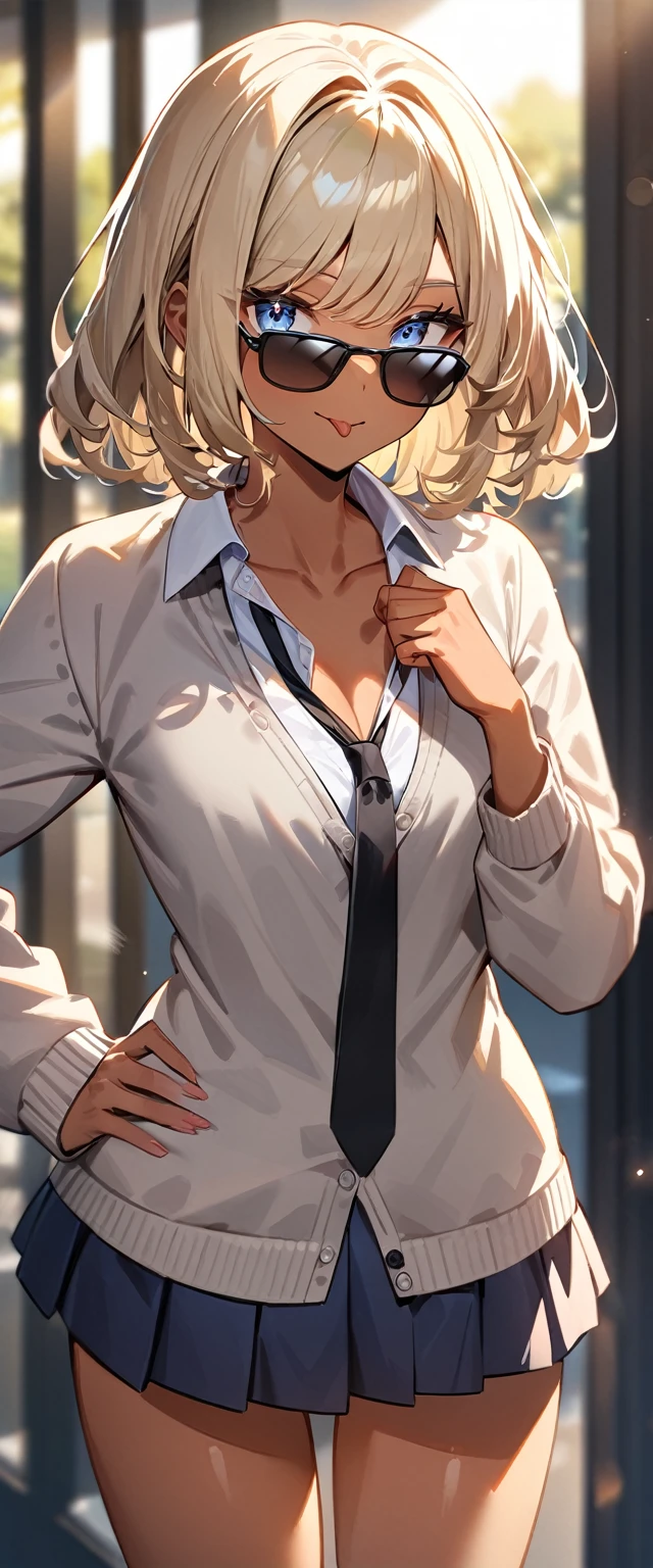 (((One girl))), ((tanned skin:1.3)), blond hair, ((sunglasses, hand to sunglasses)), stick out tongue, ((one hand on hip)), ((bob cut:1.3, wavy hair)), Natural makeup, breasts, (cowboy shot), standard body, (looking at viewer), collarbone, ((((school winter uniform, white unbuttoned shirt, skirt)))), (open collar), ((black tie under the cardigan)), sleeves past wrists, ((cardigan)), teenager, head tilt:1.3, (((blue eye))), ((happy smile)), (((anime style))), (best quality, 4k, 8k, highres, masterpiece:1.2, ultra-detailed, ultra-detailed eyes, HDR, UHD, studio lighting, ultra-fine painting, sharp focus, physically-based rendering, extreme detail description, professional, vivid colors, bokeh), ((Highest quality, Best image quality, Ultra-high resolution, Ultra-high resolution, solo, Strong eye highlights)), Depth of written boundary, Natural soft light, attractive, Beautiful Face, Cleanliness, Pure Face, nedium chest, Beautiful Face, Perfect Fingers, Perfect hands, Perfect body, Perfect Face, Shine a light into your eyes, Perfect Anatomy