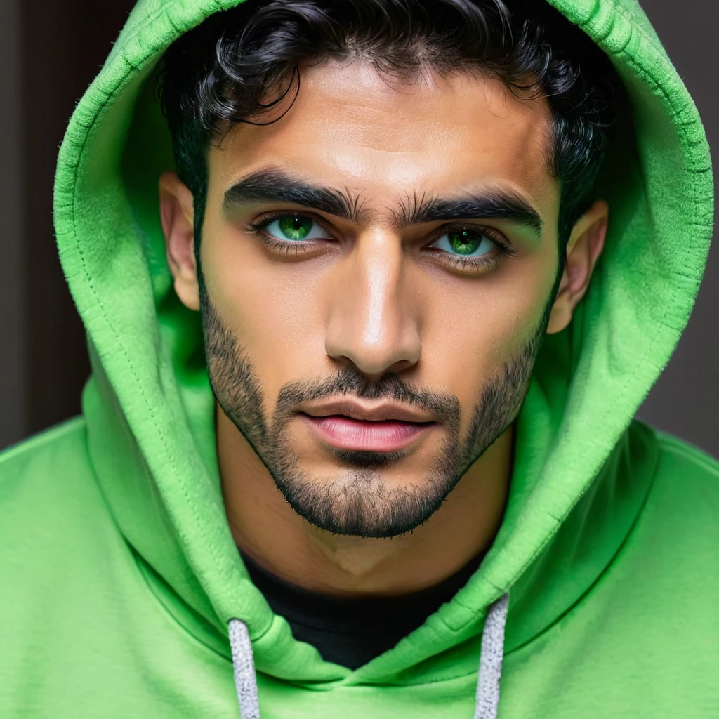 arafed man, (hispanic:arabic 0.70), 20s, light stubble, short wavy hair, hooded eyes,((green eyeshadow)), subtle makeup, glitter, male, editorial, kind, photoshoot, realistic, ultrahd