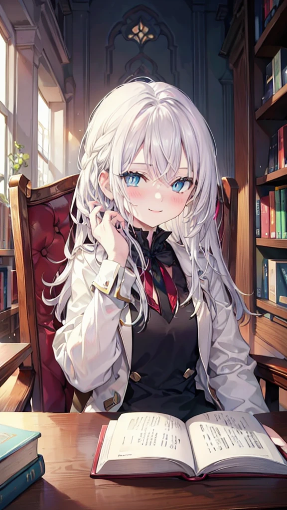 1girl, long white hair, blue pupils, Wearing a , Sitting in a chair while reading a book, library, smiling, {{detail illustration}}