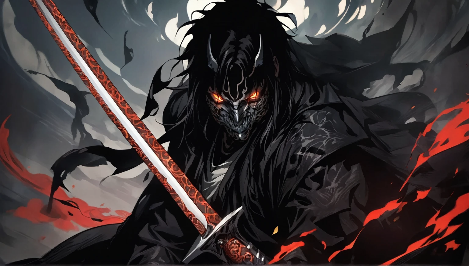 demon mask, sword on the back,close up, black heavy detailed clothes, hand katana, art, dark and malevolent, hand sword, armor, powerful and intimidating, (masterpiece, best quality, ultra-detailed, best shadow), (detailed background, dark fantasy) dramatic light, intricate details, dark and malevolent, powerful and intimidating, Dark and foreboding, malevolent force, sinister and chilling, armor, high detailed background, girl in demon slayer art, demon slayer art style, epic anime art, God death