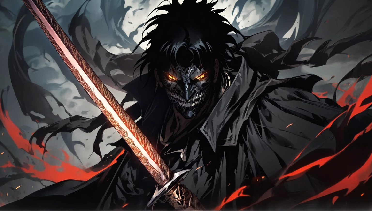 demon mask, sword on the back,close up, black heavy detailed clothes, hand katana, art, dark and malevolent, hand sword, armor, powerful and intimidating, (masterpiece, best quality, ultra-detailed, best shadow), (detailed background, dark fantasy) dramatic light, intricate details, dark and malevolent, powerful and intimidating, Dark and foreboding, malevolent force, sinister and chilling, armor, high detailed background, girl in demon slayer art, demon slayer art style, epic anime art, God death