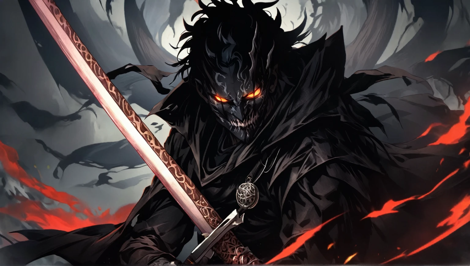 demon mask, sword on the back,close up, black heavy detailed clothes, hand katana, art, dark and malevolent, hand sword, armor, powerful and intimidating, (masterpiece, best quality, ultra-detailed, best shadow), (detailed background, dark fantasy) dramatic light, intricate details, dark and malevolent, powerful and intimidating, Dark and foreboding, malevolent force, sinister and chilling, armor, high detailed background, girl in demon slayer art, demon slayer art style, epic anime art, God death