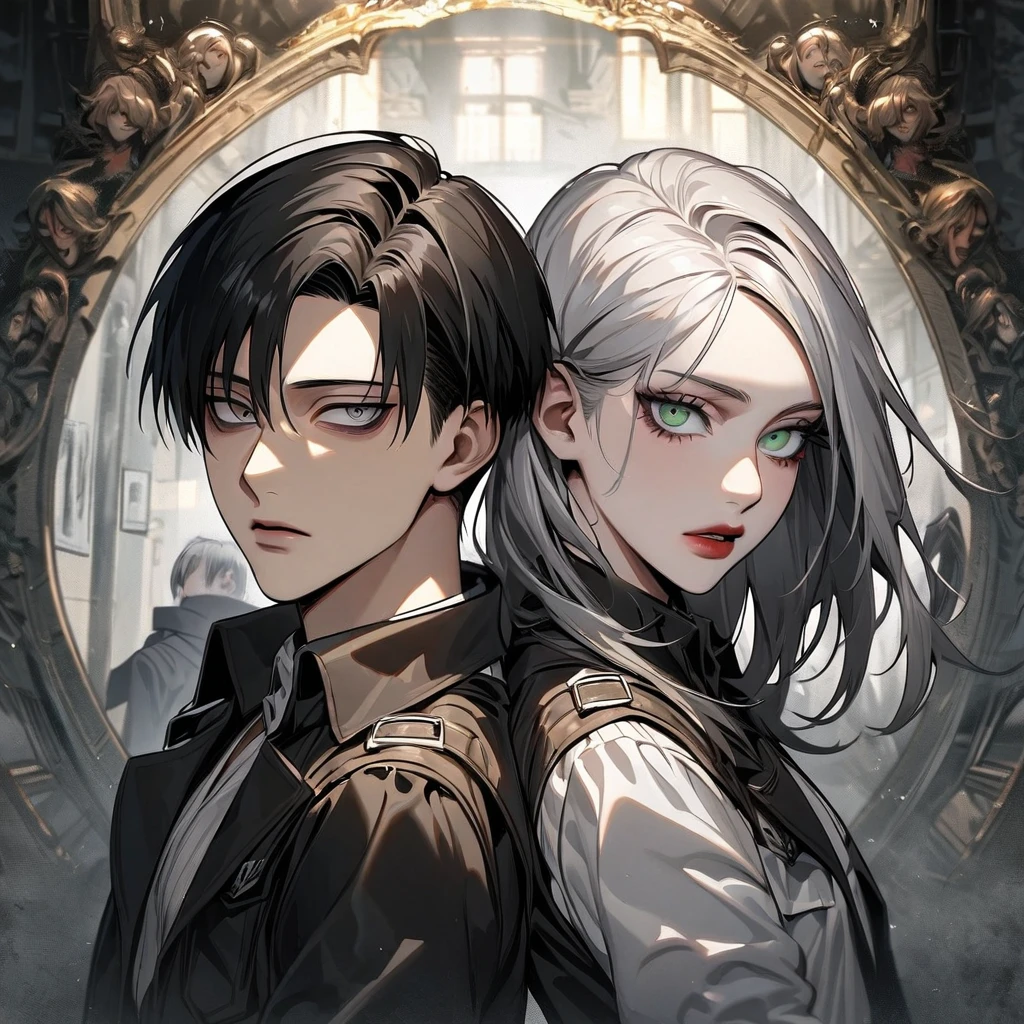 Ultra detailed, Highres, absurdres, HDR, Levi Ackerman, black hair, grey eyes, Shingeki No Kyojin, extremely handsome, 1 man with 1 woman, she have white hair and green eyes, the woman is part of the squad, full-body portraits, dark ambiance, only two people