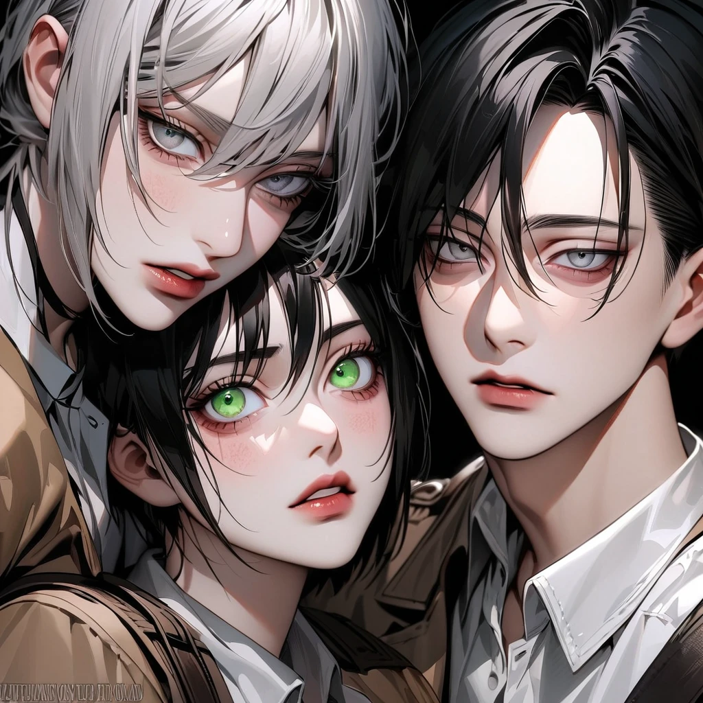 Ultra detailed, Highres, absurdres, HDR, Levi Ackerman, black hair, grey eyes, Shingeki No Kyojin, extremely handsome, 1 man with 1 woman, she have white hair and green eyes, the woman is part of the squad, full-body portraits, dark ambiance, only two people