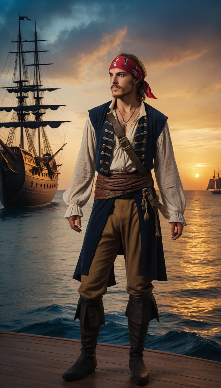 Dark painting, Young pirate standing on a sailboat, (20~Age 25), Beautiful Face, Wearing a bandana on his head, Ship in the Background, Cinematic, Movie stills, Detailed dark background, High detail, masterpiece, masterpieceальное качество, A strip of dawn on the horizon