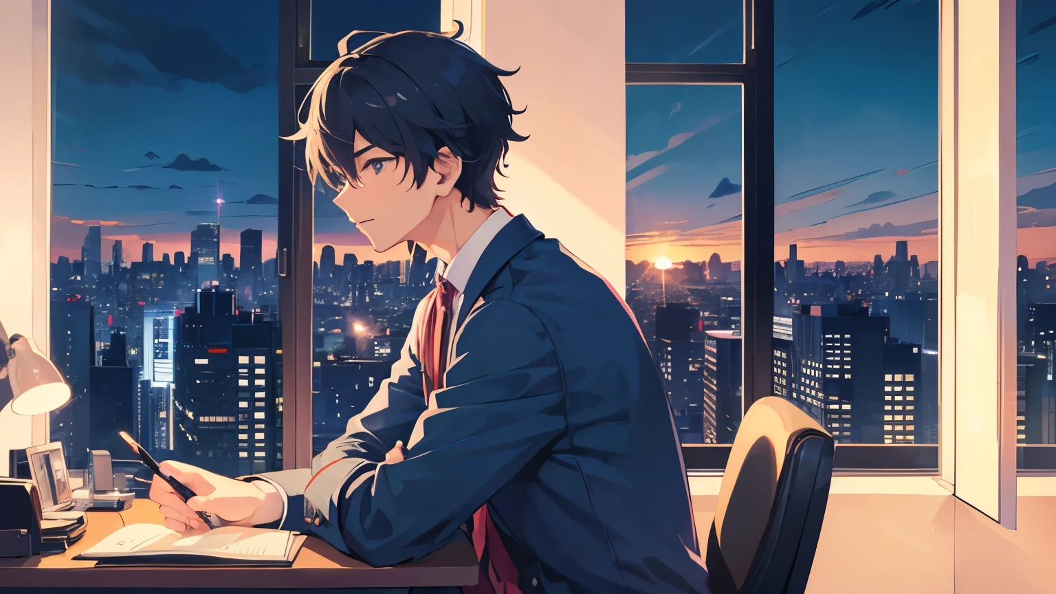 A handsome boy studying at a desk by the window while listening to music on headphones in a high-rise building with a view of the night skyline.　The sky is night　Moonlight in the distance　Japanese anime style