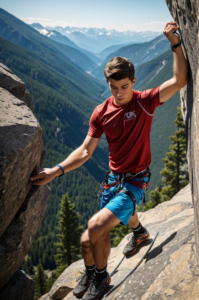 . It looks like a young man is carrying out rock climbing sports. In a state of anxiety, the young man's hand was seen gripping the rock to prevent falling. It was also seen that some climbing equipment was neatly tied to the young man's body.

Describe the anxious atmosphere.