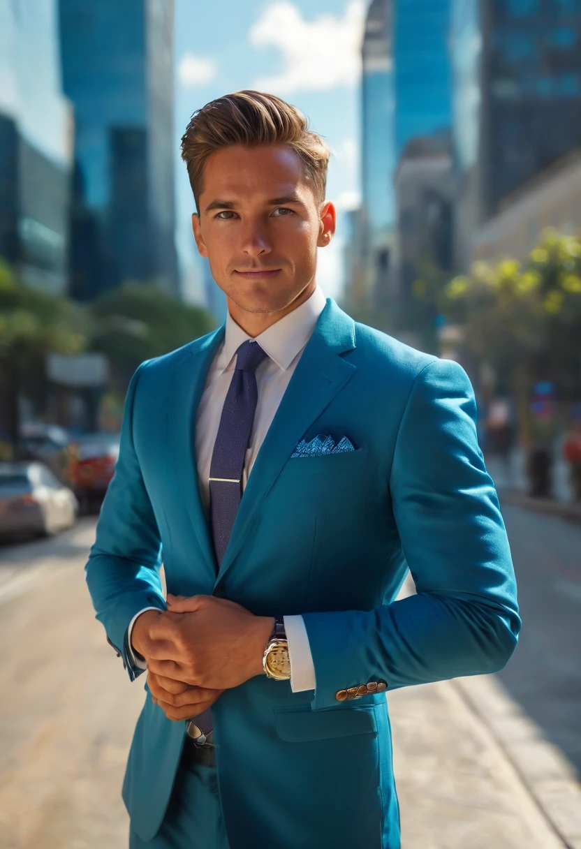 (Best quality,8K,A high resolution,Masterpiece:1.2, Ultrawide angle), UHD, Realistic, portrait, res, Robust construction,Vivid colors, Soft lightning, Subtle shadows, vibrant color palette. Businessman standing confidently with a smile, hands place in front showing model pose, clear texture of hands, clear hands vein and shape, in a modern office with glass windows overlooking a cityscape, wearing a tailored darkest blue blazer suit, white shirt, and professional tie color.