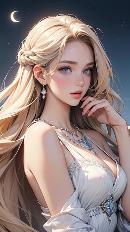 (masterpiece,Highest quality,High resolution,Super detailed,8K),woman,alone,,Official artwork,Greek Goddess,,whole body,Facing forward,Ample breasts,Beautiful valley,Silver blonde hair,,Medium Long、Hair is bunched back,(Beautiful Face,Beautiful Eyes,Blue Eyes,Beautiful nose,Beautiful lips),A look of kindness and compassion,Slender beauty,Looking at this,flower,bird,moon,jewelry,necklace,,White Dress,Sleeveless,Holding,Ancient images,Detailed configuration,background,,(Fractal Art:1.2),