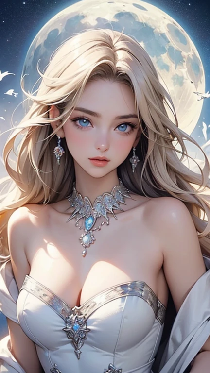 (masterpiece,Highest quality,High resolution,Super detailed,8K),woman,alone,,Official artwork,Greek Goddess,,whole body,Facing forward,Ample breasts,Beautiful valley,Silver blonde hair,,Medium Long、Hair is bunched back,(Beautiful Face,Beautiful Eyes,Blue Eyes,Beautiful nose,Beautiful lips),A look of kindness and compassion,Slender beauty,Looking at this,flower,bird,moon,jewelry,necklace,,White Dress,Sleeveless,Holding,Ancient images,Detailed configuration,background,,(Fractal Art:1.2),