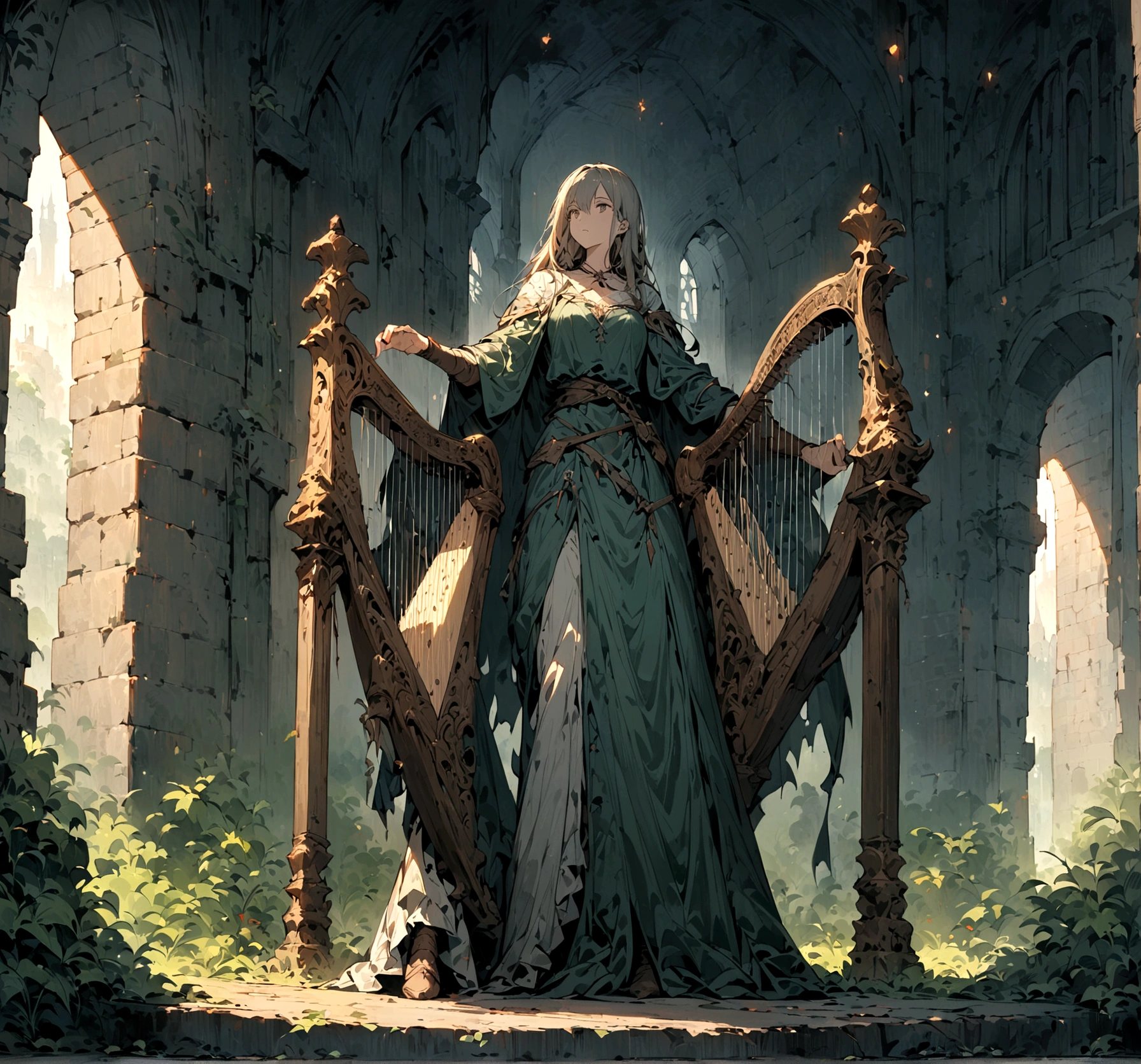 (HD), (masterpiece), (best quality), (Super detailed), (Best illustration), woman, Instrument 2Harp, whole body, middle Ages, Alone, dungeons and dragons,dungeons and dragons背景,Offers vistas that capture grandeur and atmosphere。