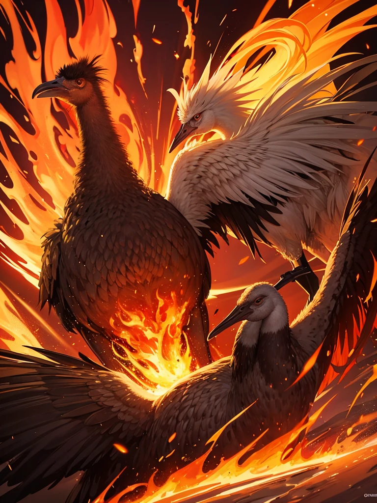 Ostrich and a woman in flames
