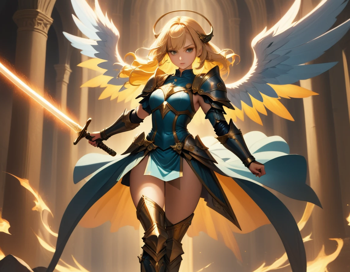 a ((medieval masterwork fresco art: 1.5)) Italian renaissance style, of a 1female angel knight, spread angelic wings, soft light, full body shot, ultra detailed face, determined expression, angel of justice and vengeance, blond hair, long hair, dynamic hair style, (wearing armor: 1.2), intricate details, wearing (thigh high heeled boots: 1.1) , (holding divine sword: 1.3), flaming sword, intense details, masterwork sword, dynamic background(Masterpiece: 1.5), Vibrant, Ultra-high resolution, High Contrast, (masterpiece:1.2), highest quality, Best aesthetics), best details, best quality, highres, ultra wide angle, 16k, [ultra detailed], masterpiece, best quality, (extremely detailed), intense gaze, faize, raging nebula, ArmoredDress, drc_style