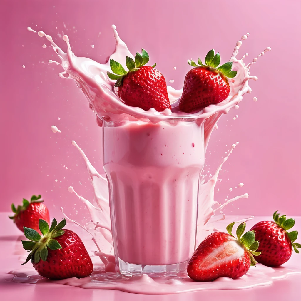 Liquid splashing,Falling Fruit,The photo of the strawberry milk mix expresses visual beauty and appeal.. Bright colors,Mixed with strawberry and milk elements. The drink&#39;s core is a mixture of light pink strawberry juice and fresh strawberry pulp.,Surrounded by white milk foam 