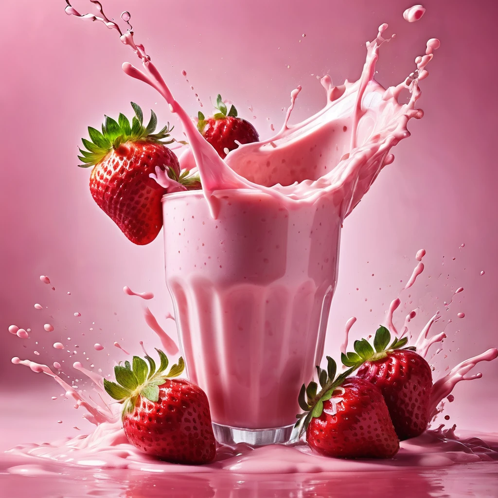 Liquid splashing,Falling Fruit,The photo of the strawberry milk mix expresses visual beauty and appeal.. Bright colors,Mixed with strawberry and milk elements. The drink&#39;s core is a mixture of light pink strawberry juice and fresh strawberry pulp.,Surrounded by white milk foam 