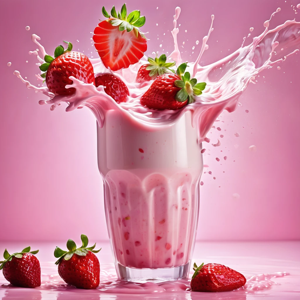 Liquid splashing,Falling Fruit,The photo of the strawberry milk mix expresses visual beauty and appeal.. Bright colors,Mixed with strawberry and milk elements. The drink&#39;s core is a mixture of light pink strawberry juice and fresh strawberry pulp.,Surrounded by white milk foam 