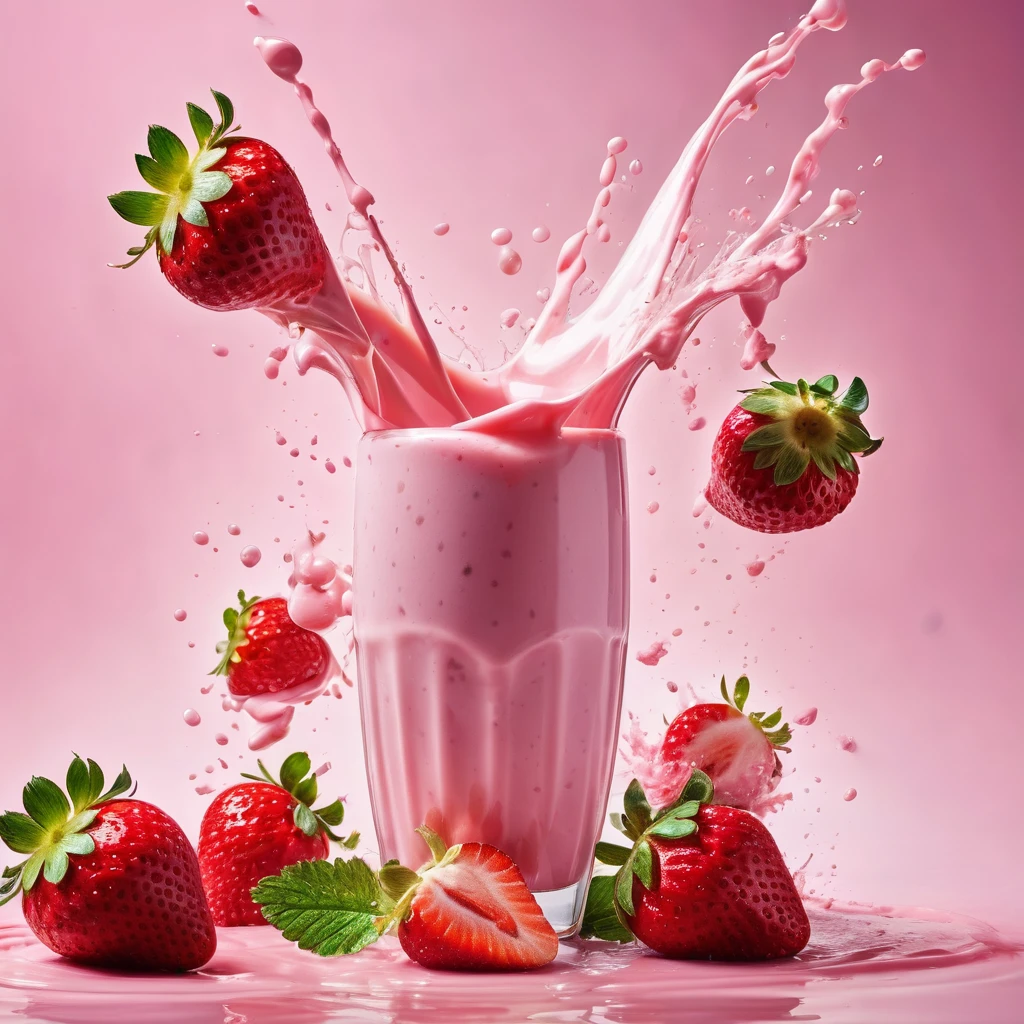 Liquid splashing,Falling Fruit,The photo of the strawberry milk mix expresses visual beauty and appeal.. Bright colors,Mixed with strawberry and milk elements. The drink&#39;s core is a mixture of light pink strawberry juice and fresh strawberry pulp.,Surrounded by white milk foam 