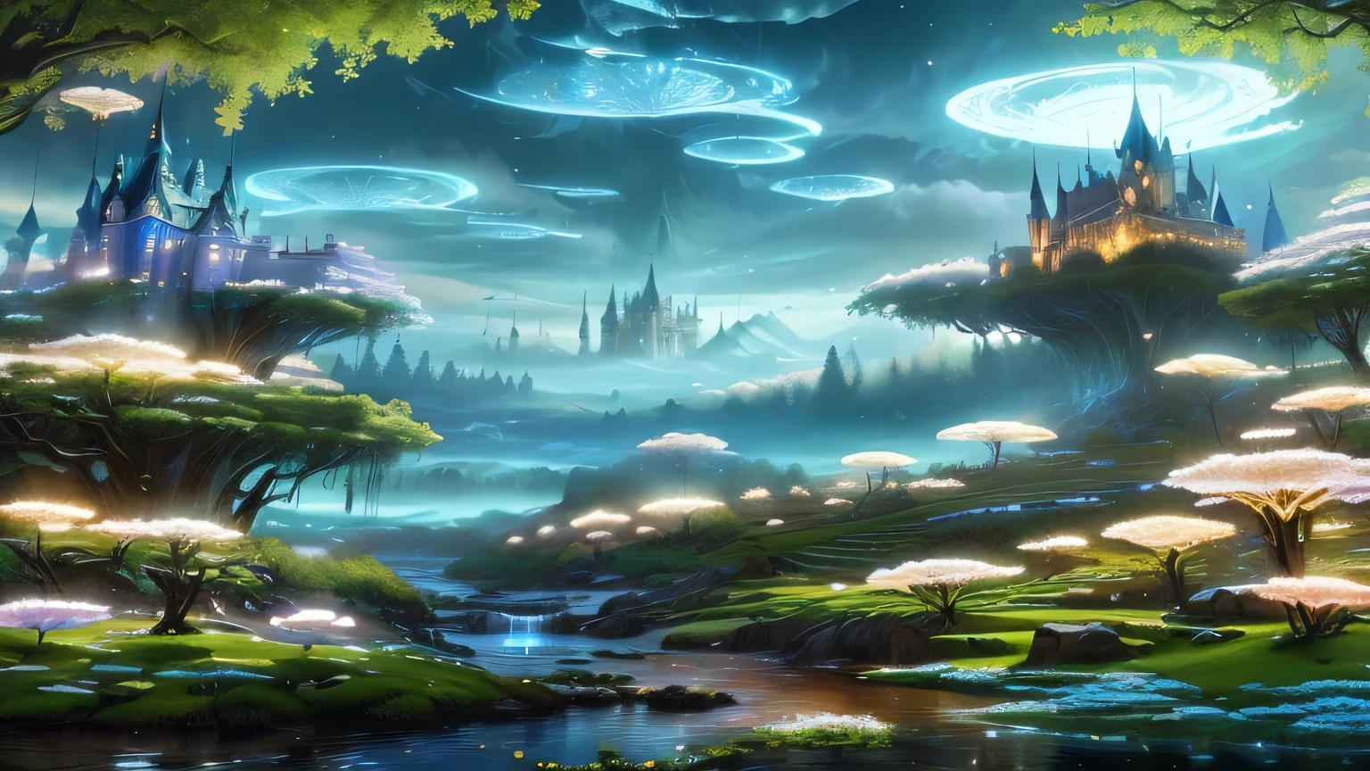 A painting of a fantasy castle surrounded by trees and flowers, detailed fantasy digital art, fantasy very detailed, Beautiful and detailed fantasy, Fantasy magical vegetation, magic fantasy very detailed, Dreamy and gorgeous lights, Whimsical fantasy landscape art, Detailed fantasy art, Magical background, fantasy digital art, highly Detailed fantasy art, Beautiful fantasy art, fantasy matte painting,Lovely, magical scenery, Magical environment
