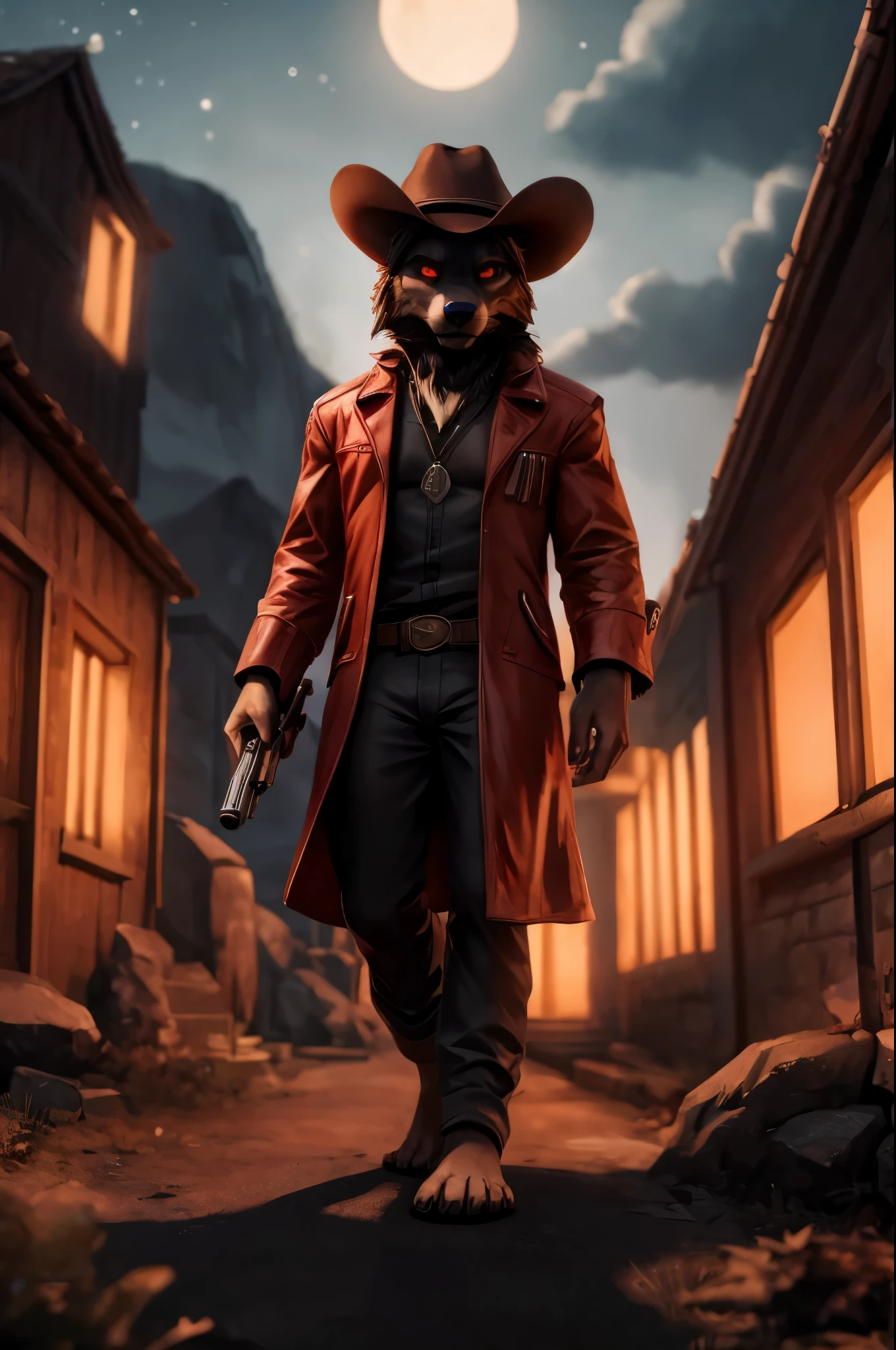 (((Barefoot furry character, full body, cinematic setting, furry male, plantigrade)))
portrait, ((mysterious gunslinger)), ((holding smoking gun)), ((holding revolver)), long black fur, alone, strange, surreal, desolate, ghostly, eerie, lonely, solitude, short red cloak,red glowing eyes, fantastical, dangerous,night sky,red sky, cinematic lighting, volumetric lighting, Film grain, cinematic film still, shallow depth of field, highly detailed, (western atmosphere), black cowboy hat
BREAK, intricate details, highly detailed, extreme detail, octane render, fine art, best quality, highres, (detailed face:1.5), ((full_body)), UHD, (((perfect hands))), low light