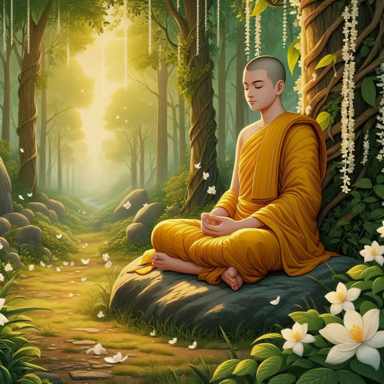 painting of a monk sitting in a lotus position with a bowl of water and a bowl of lotus flowers, monk meditate, buddhism, buddhist monk meditating, sitting on a lotus flower, hindu stages of meditation, buddhist, meditating, meditation, on path to enlightenment, zen meditation, monk, buddhist monk, spiritual enlightenment, on the path to enlightenment