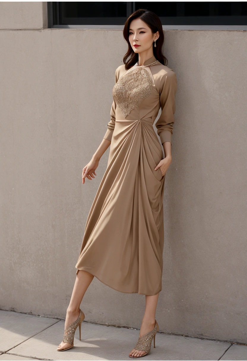 A woman in her fifties taking a photo wearing a dress and high heels, Elegant girl in urban clothing, Elegant clothesを着ている, Stand and pose gracefully, Elegant clothes, wear tight, simple clothes, Very sexy outfit, High Fashion Elegant, captivating and mesmerizing, beige, elegant fashion model, Tight clothing, sandy beige, A stunningly elegant pose, Tight clothing