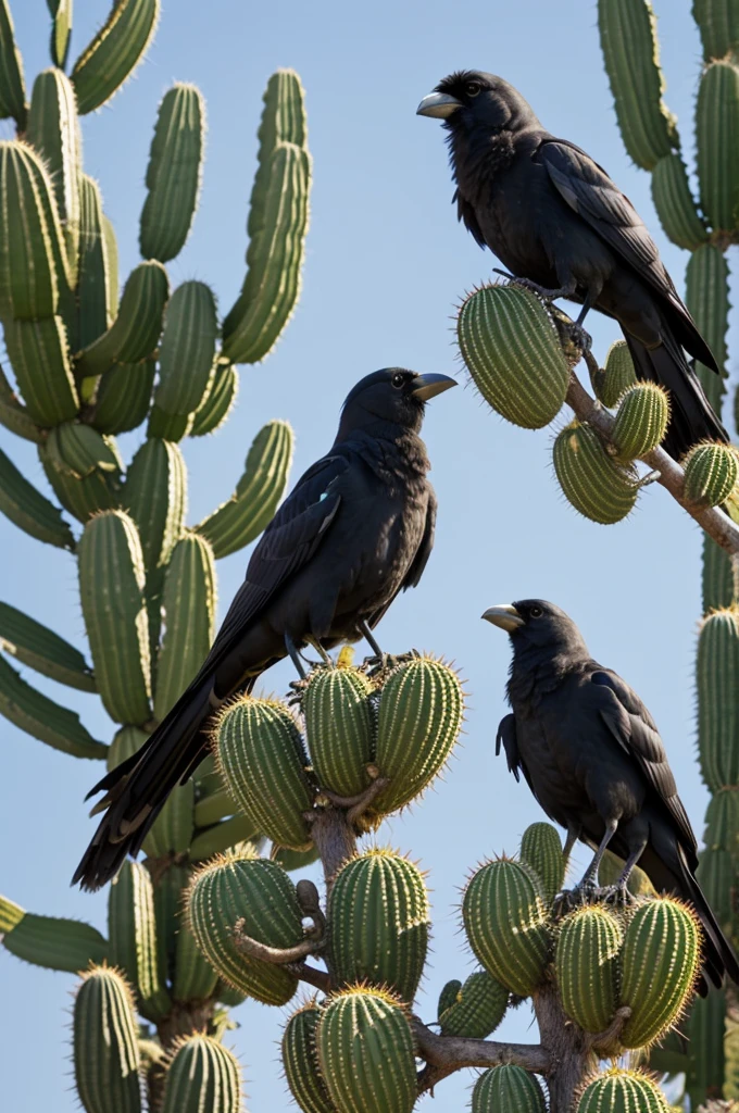 A crow and myna sitting on a cactus plant