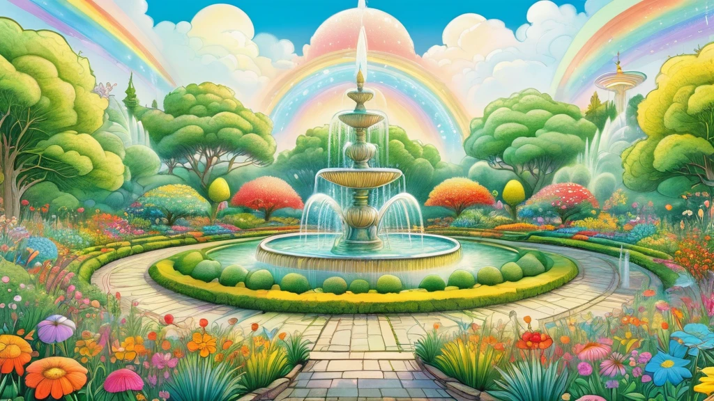 ((Close-up of a large garden scene in the center))、looks happy,An illustration,pop,colorfulに,draw with thick lines,color,Fountain in the center、Happy dreams,Warm and full of happiness,,colorful,Fancy,Fantasy,,Detailed explanation,fluffy,Randolph Caldecott Style