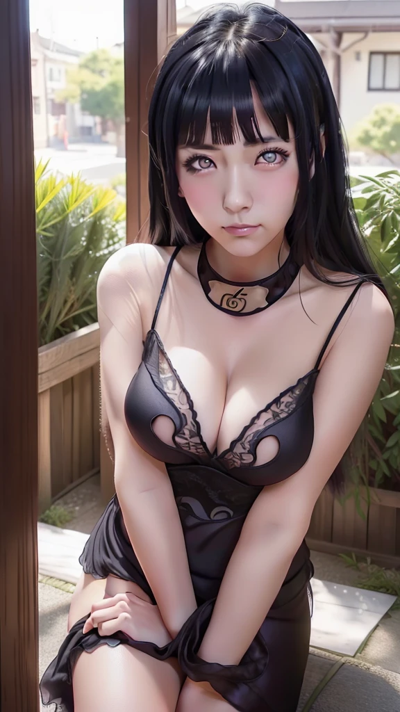 1girl, hyuga hinata in anime naruto, long hair, black hair, white eyes, smile, beautiful, detail organza sleeping wear, very big tits and ass, outdoor background, ultra detail, realistic, sexy pos, sleep pose