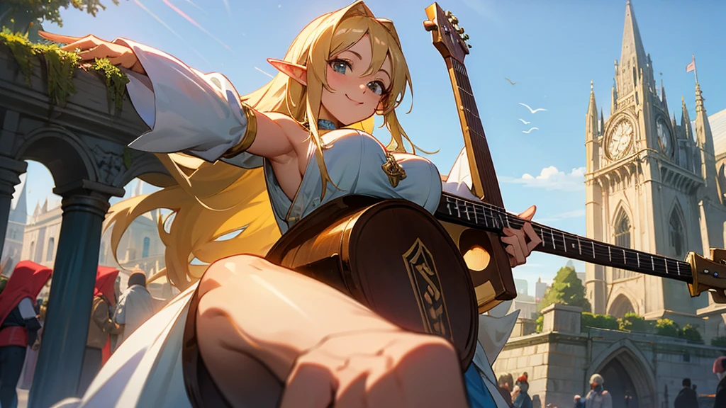 Anime Style,Nostalgic,Detailed background,The medieval world,A bustling square with many people,Smiling bard beautiful elf girl,guitar,Large Breasts,Underarm,Tower of Babel