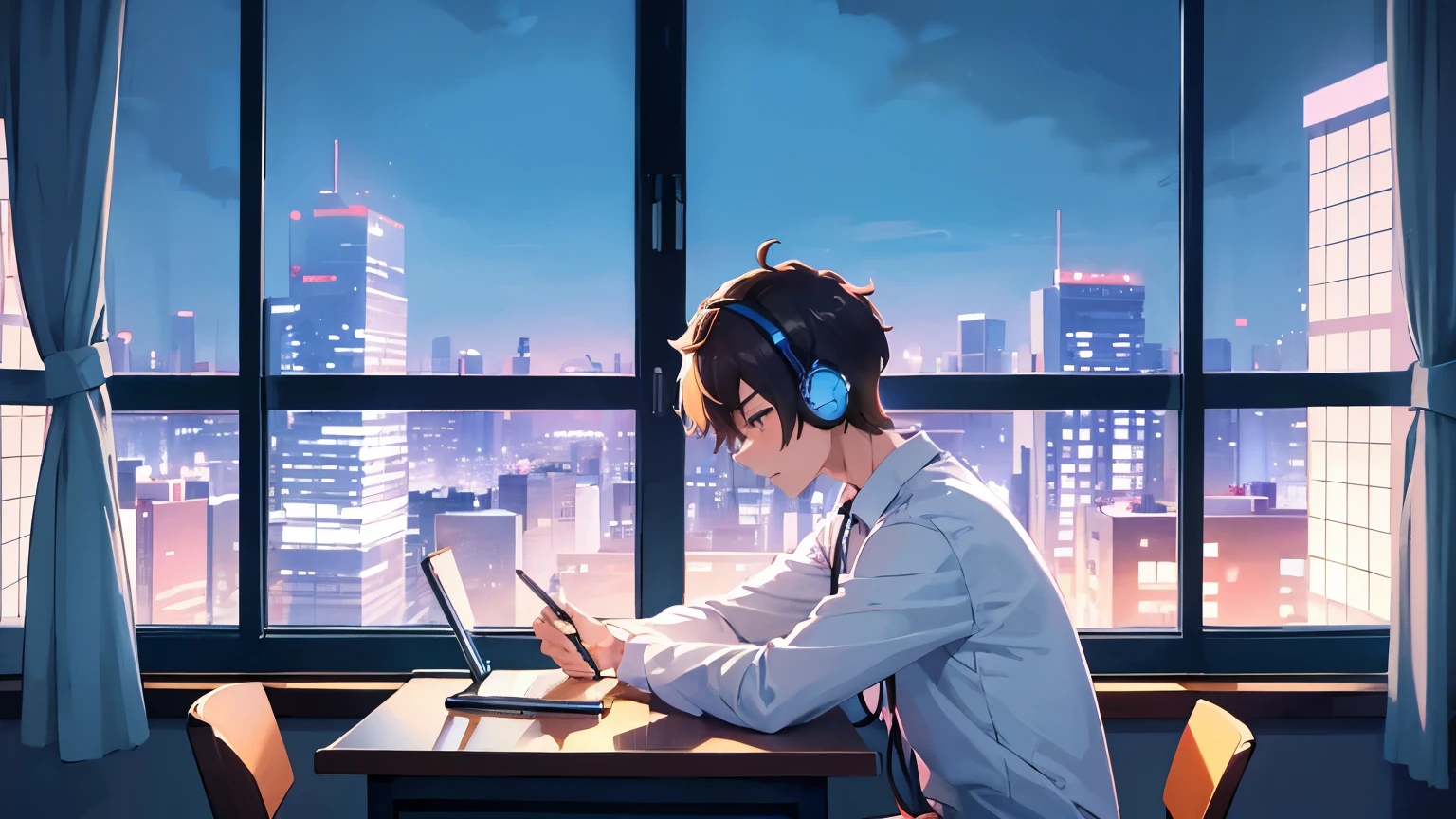 A handsome boy studying at a desk by the window while listening to music on headphones in a high-rise building with a view of the night skyline.　The sky is night　Moonlight in the distance　Japanese anime style