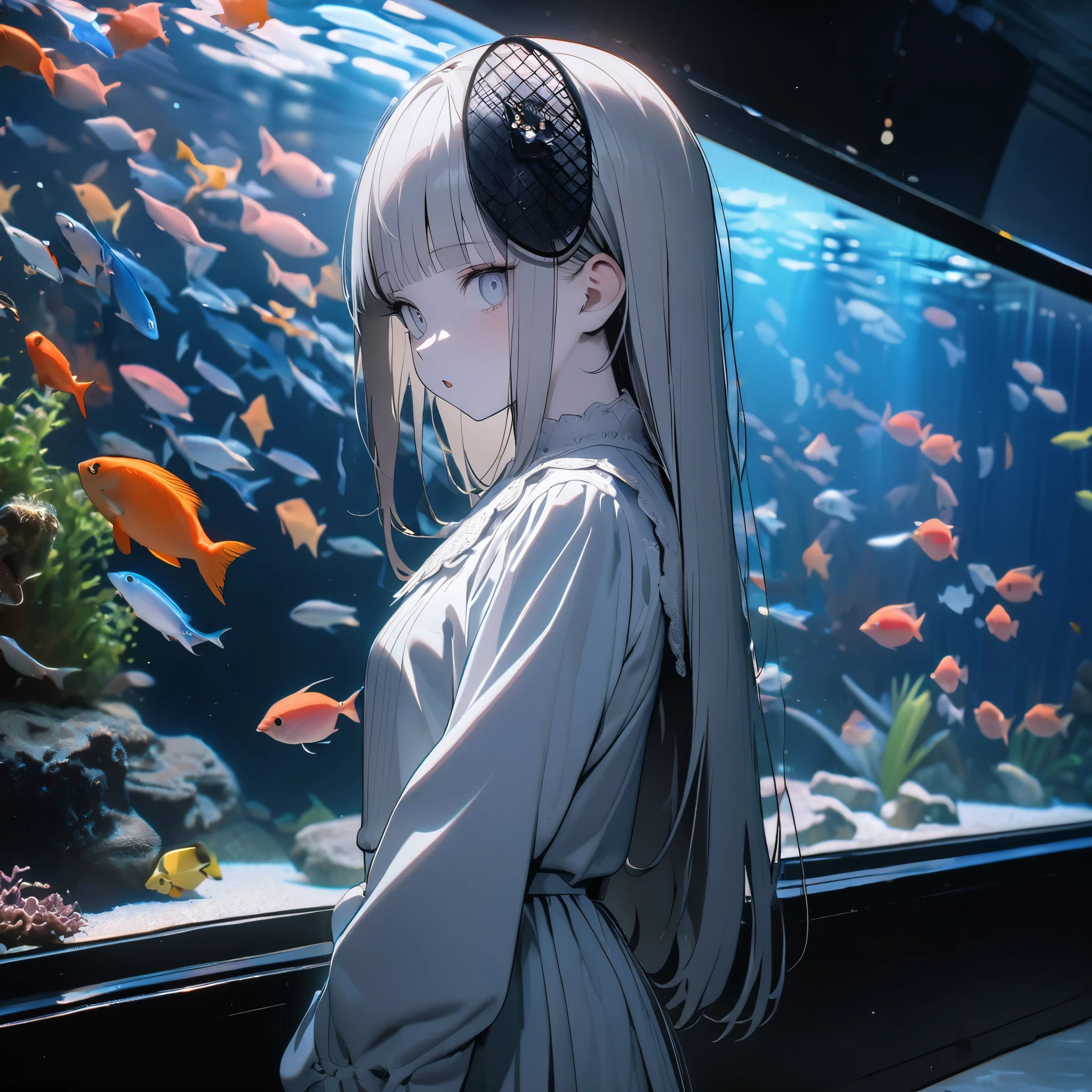 (8K, best quality, master piece: 1.2), super high resolution,1 girl,solo,16yo,ultra-detailed face,detailed eyes,silver eyes,blunt bangs,silver hair,Straight hair,Long hair,pale skin,white long sleeve petal collar blouse,ティアードスカート,black Fascinator,ash extension,parted lips,:o,head tilt,Cowboy shot,from side,split lighting,So many ornamental fish,aquarium