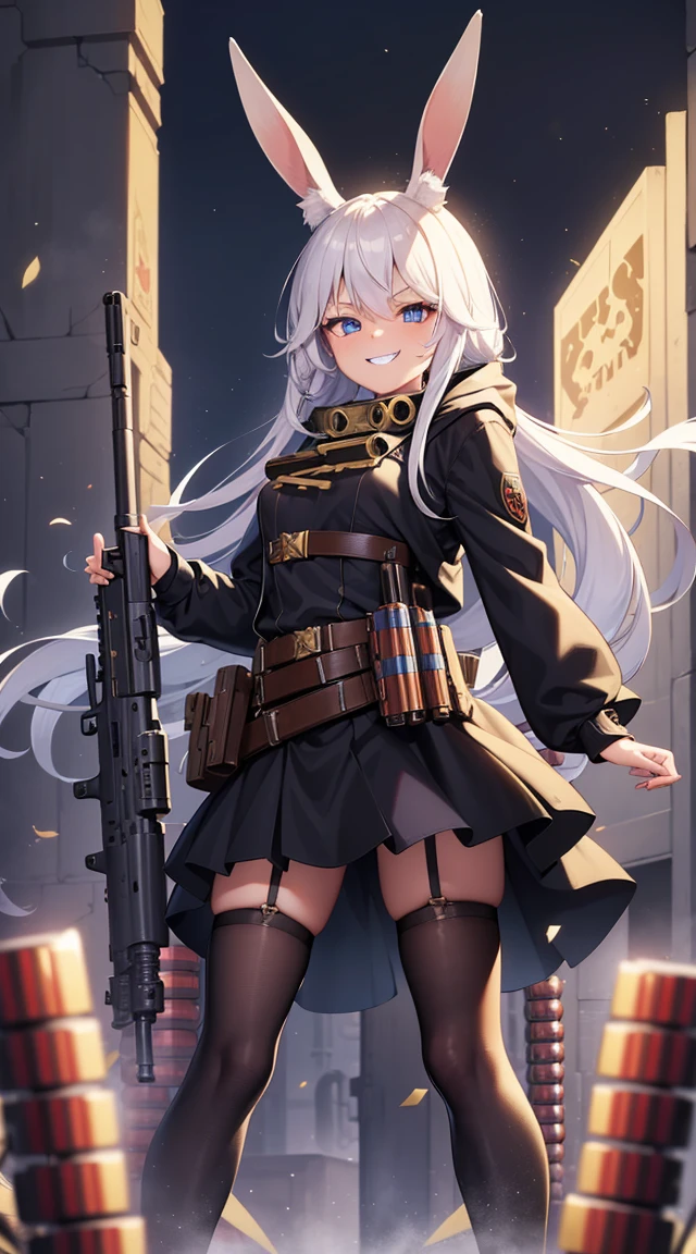 (masterpiece), Best quality, Fantasy art, 1 girl,One, a girl firing her long machine a gun in A magical land, white_hair, long hair, wicked, grin, smile, (black_hood:1.4), bunny ears, long coat, skirt, boots, (((ammunition belt))), a gun, bullet casing, machine a gun, Weapon, (A magical land:1.2)