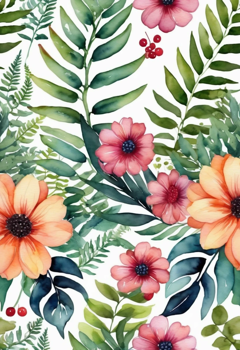 watercolor pattern of beautiful flowers, berries, ferns, leaves, calm colors on a #3b4195 color background. Watercolor paper texture.
