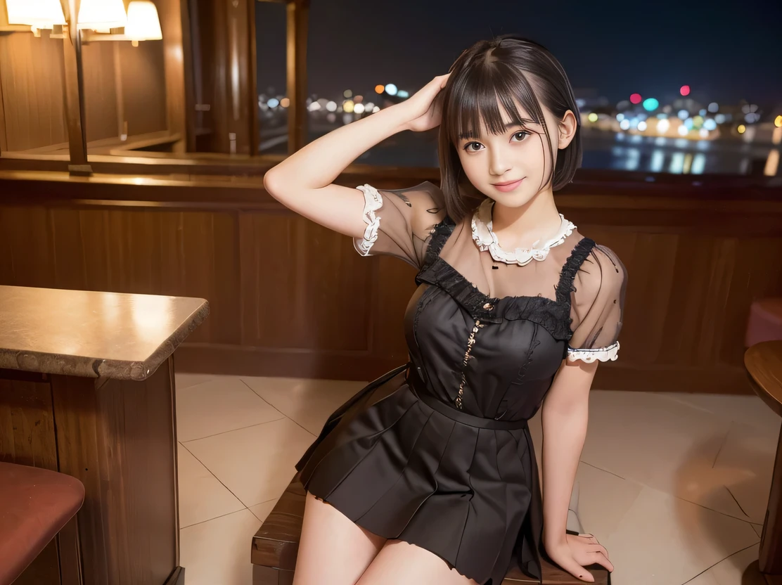(Highest quality, masterpiece, Ultra-high resolution, 8K, RAW Photos, Realistic, Anatomically correct:1.5), 20-year-old girl:1.2, Embarrassing, avert your eyes, blush:1.0, View Viewer, ((Bar Lounge)) 、Night view、 Light:1.2, Bokeh, Cinema Lighting:1.0, Depth of written boundary, sharp、 Cute face、Idol、Black short sleeve lace top、Black pleated skirt、Black clothing、”dwarf”、(Floral clothes)、(Full Body Shot)、Side angle、Cowboy Shot、 smile、(Ultra short hair)、(Short bob cut)、(Straight bangs)、((See-through))、(( One Girl))、Large Breasts、