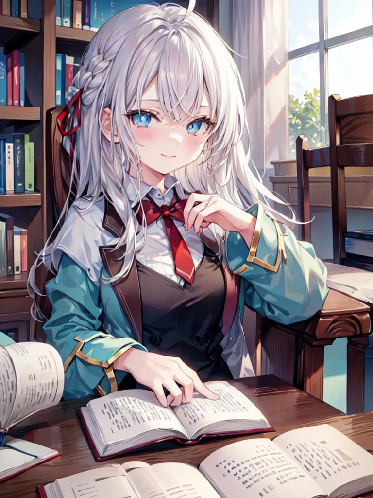 1girl, long white hair, blue pupils, Wearing a , Sitting in a chair while reading a book, library, smiling, {{detail illustration}}