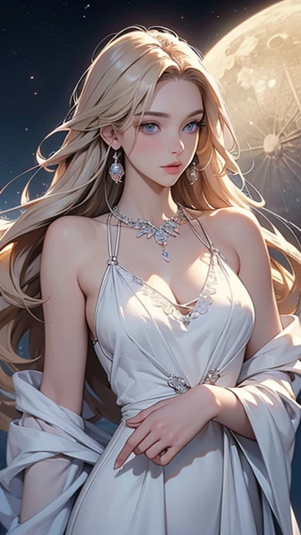 (masterpiece,Highest quality,High resolution,Super detailed,8K),woman,alone,,Official artwork,Greek Goddess,,whole body,Facing forward,Ample breasts,Beautiful valley,Silver blonde hair,,Medium Long、Hair is bunched back,(Beautiful Face,Beautiful Eyes,Blue Eyes,Beautiful nose,Beautiful lips),A look of kindness and compassion,Slender beauty,Looking at this,flower,bird,moon,jewelry,necklace,,White Dress,Sleeveless,Holding,Ancient images,Detailed configuration,background,,(Fractal Art:1.2),