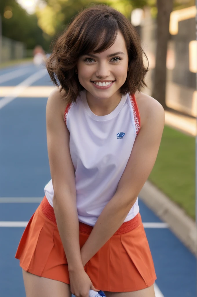 daisyrdl,smile,medium length hair,full length portrait,wearing tennis clothes, canon powershot,masterpiece,city street,bokeh,extreme dof,highly detailed,8k,uhd,soft lighting