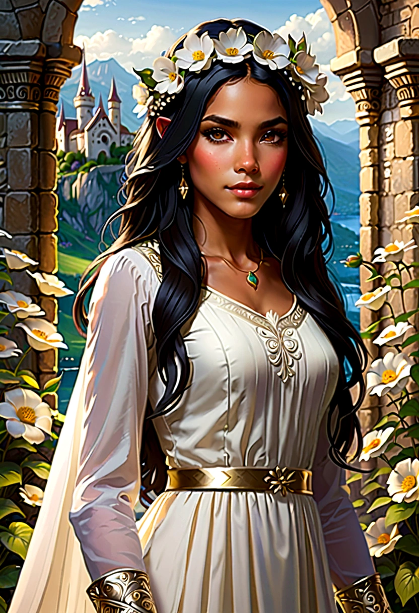 dnd character, dnd npc, a young, beautiful flower girl. She has long, black hair, hazel eyes, and an innocent face. She typically wears simple, white dresses and adorns her hair with flowers. Her personality is pure, innocent, and full of life. She is also curious and adventurous. Despite growing up in the dark streets of city, she still embodies goodness and hope, dnd world