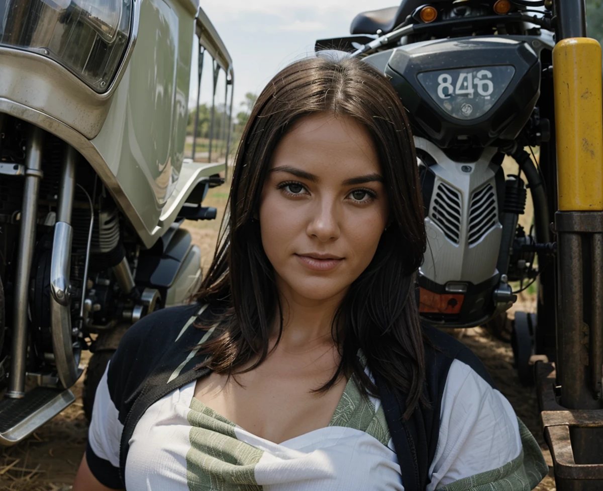 A farmer rides a motorbike in agricultural scenery