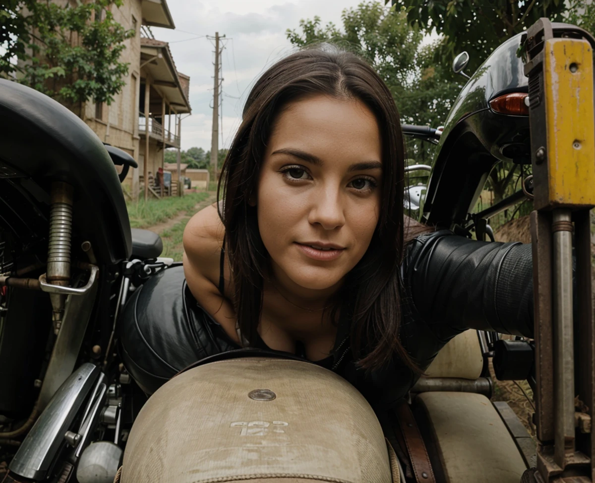 A farmer rides a motorbike in agricultural scenery