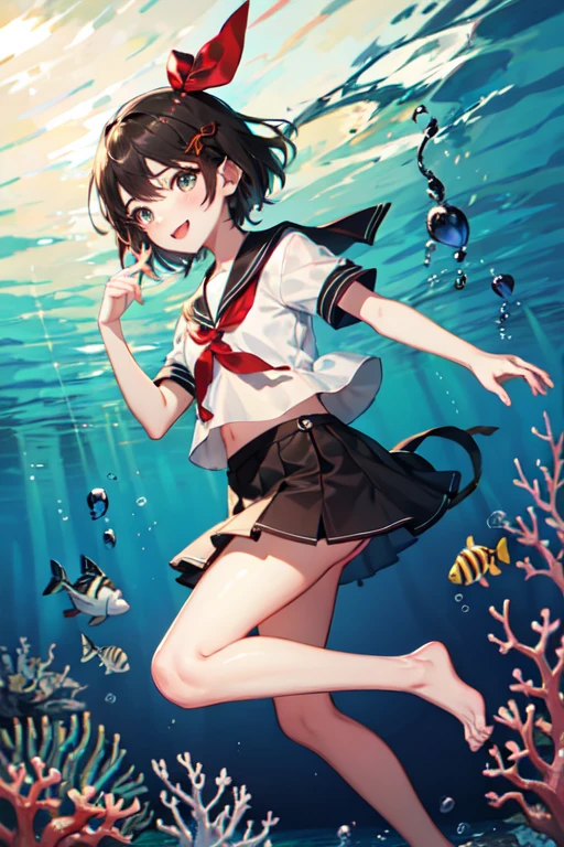 Highest quality、Black Hair、Iris、short hair、girl、cute、16 years old、、Small hair ornament、1 person、Sailor suit、Red ribbon、Navy Skirt、mini skirt、Panty shot、In the sea、dive、swim、smile、背景はIn the sea、