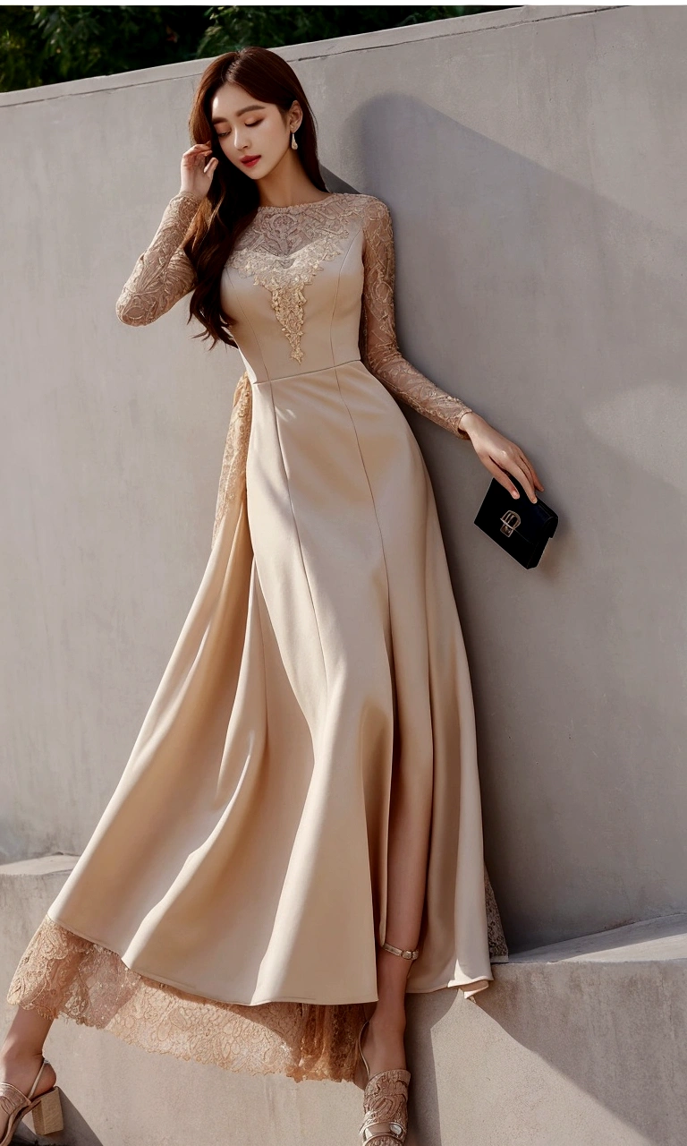araffe woman in a beige dress leaning against a wall, Elegant Dresses, Sophisticated dress, Wearing a lacy brown dress, Elegant clothes, wearing an Elegant Dresses, Lace dress, beige, Lace dress, Moderate, whole bodyショット, Formal attire, Elegant clothesを着ている, Light half-open dress, High Fashion Elegant, Stylish dresses, whole body;, Korean, Bodycon Dress