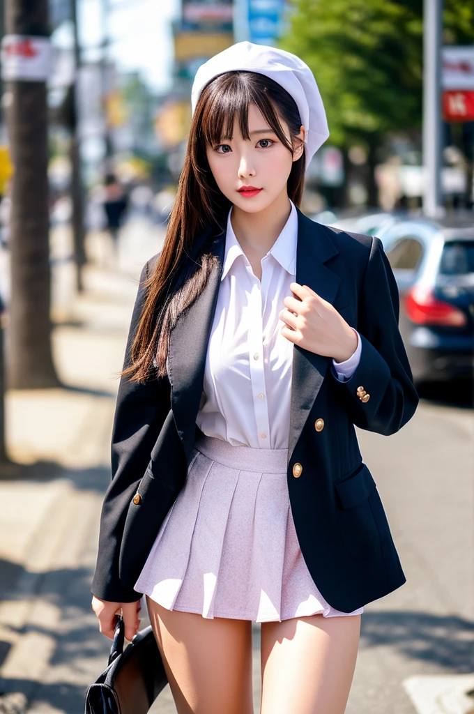 the most beautiful actress in the world, she is 18 years old, the perfect body proportions of this girl, bare skin of the lower than her crotch is fully exposed, bare skin of the upper than her crotch is fully covered, the blazer is firmly worn on the formal shirt which is worn on her large breasts, it's too difficult for the short skirt to cover the panties because it's too short, her bare thighs, from her head to her knees are barely within this picture frame, only one description of this picture, at city street, standing, nsfw, best quality, highly detailed, masterpiece, ultra high res, photo realistic, 8k