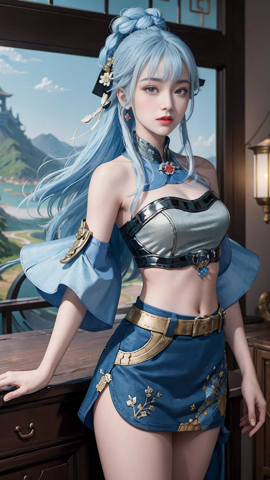 (League of Legends:1.5),lolsplashart, porcelain kindred skin, 1girl, solo, long hair, breasts, bangs, hair ornament, long sleeves, holding, closed mouth, blue hair, weapon, teeth, alternate costume, pointy ears, pants, sword, indoors, armor, official alternate costume, mask, dragon