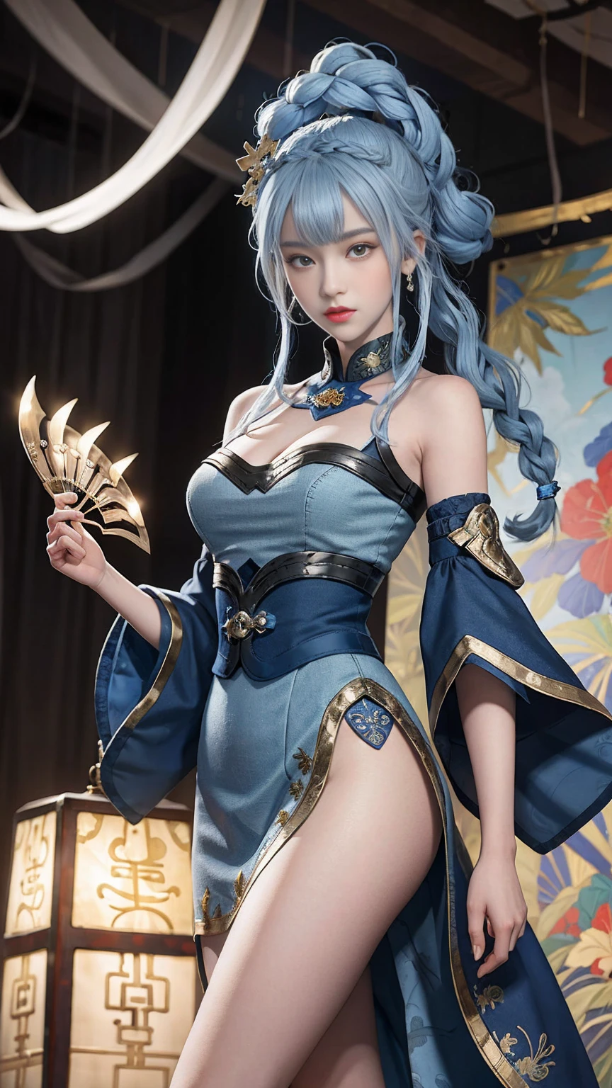 ((pretty face)), The face is extremely delicate,(best quality),(Very detailed cg 8k wallpaper), masterpiece, extremely del-0000((big breasts)), 1 girl, alone, long hair, looking at the audience, hair accessories, skirt, Keep, bare shoulders, Keep your mouth shut, blue hair, yellow eyes, braid, artist name, cover navel, blue skirt, Chinese clothes, china skirt, hand fan, folding fan, light blue hair, Keep fan, Jordyn Whitmer, (masterpiece,best quality:1.5), (masterpiece,best quality:1.5), Hold the fan in your right hand, There is no fan in my left hand, Chinese Imperial Palace, Feudal China, wooden castle, lake, (lantern), shiny, (masterpiece,best quality:1.5), (masterpiece,best quality:1.5)